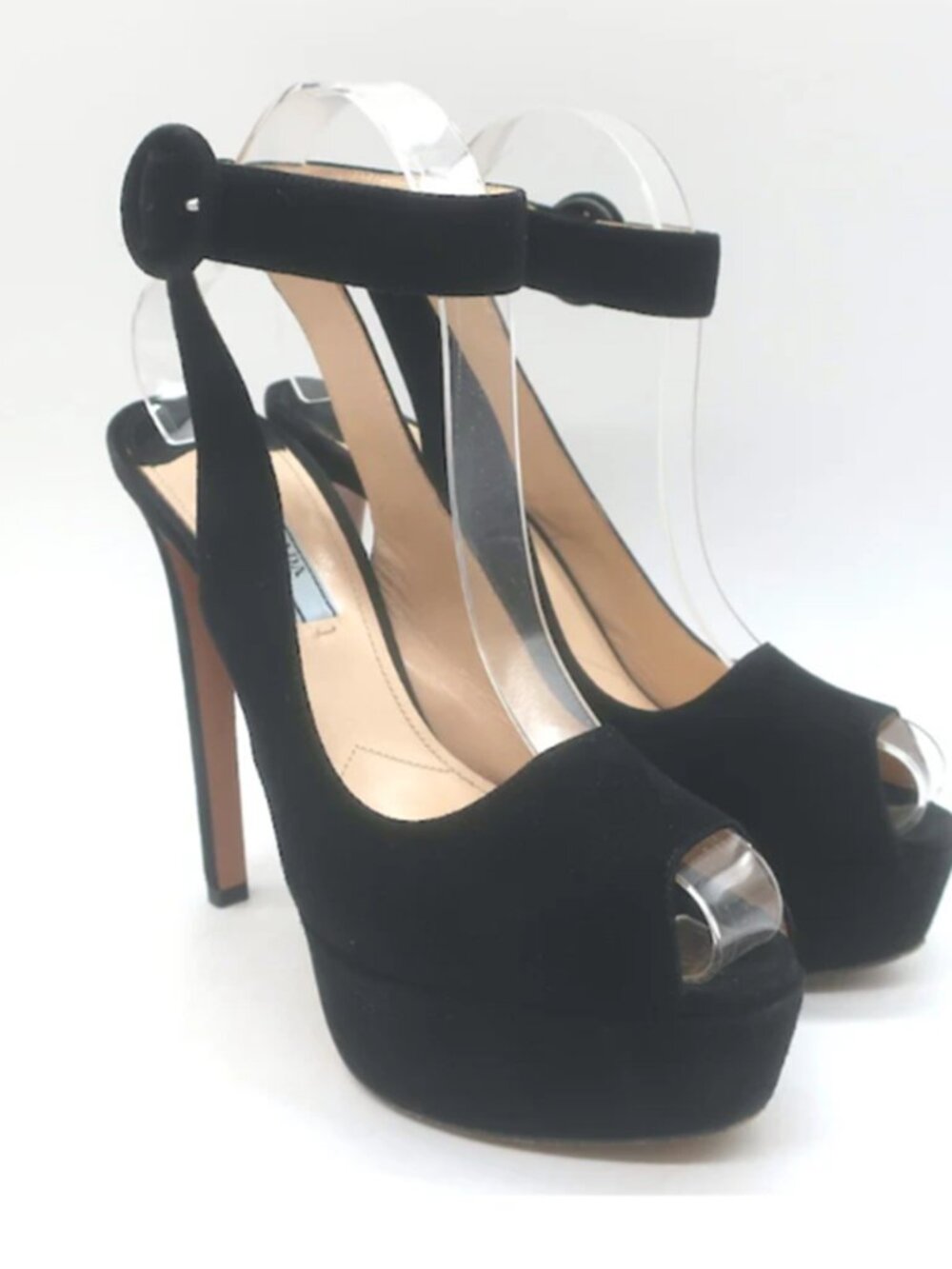 PRADA Black Suede Leather Ankle Strap Platform Sandals Peep Toe Pumps Heels 40